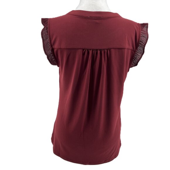 🍷Calvin Klein Burgundy Sleeveless Top Size M Ruffle Shoulder Detail timeless - Picture 3 of 10